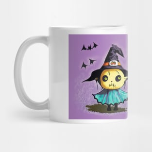 Two pumpkins wearing witch hats on a purple background Mug